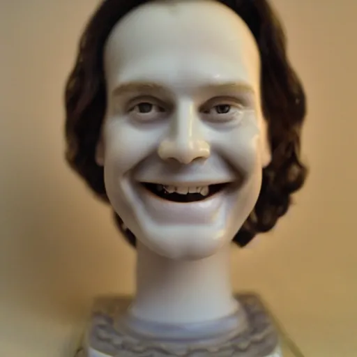 Image similar to Melting porcelain occult wax figure smiling commercial product 70s