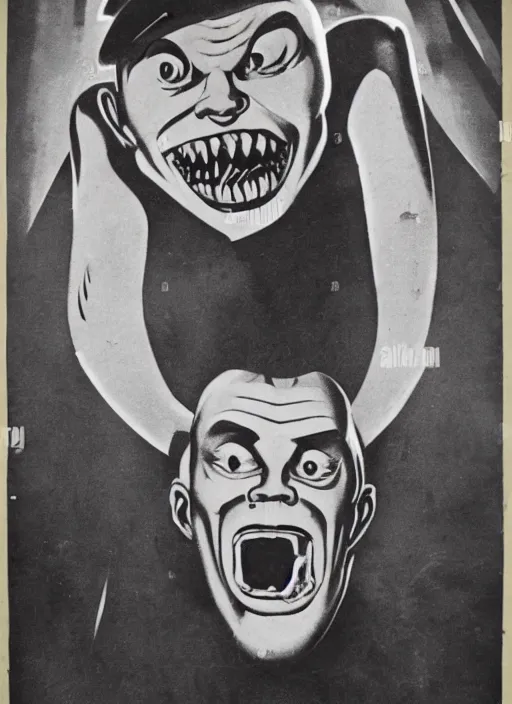 Image similar to creepy Nikolai Belinski with a scary comically large smile, 1940s scare tactic propaganda art