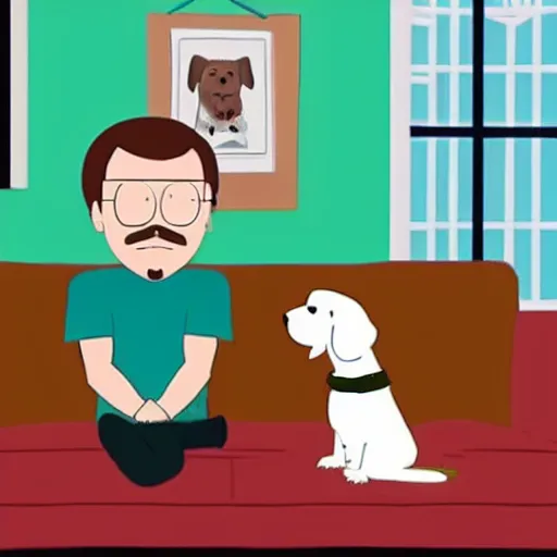 Prompt: a guy sitting on a couch with his beagle in south park