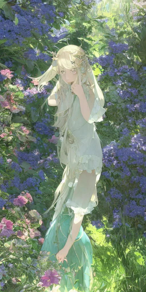 Image similar to a digital art of a loli with long hair in a dress in the privet garden at after noon, green and warm theme, mediumslateblue flowers accents, back lighting, by krenz cushart and mucha and akihito yoshida and greg rutkowski and makoto shinkai, highly detailed, 4 k resolution, trending on art station