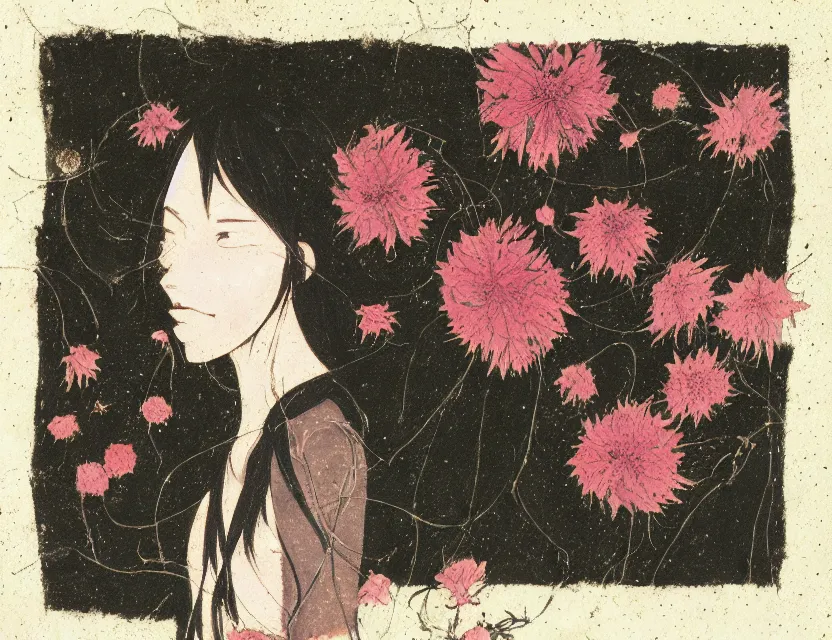 Prompt: princess of flies and wilted flowers. gouache by award - winning mangaka, chiaroscuro, bokeh, backlighting, field of depth