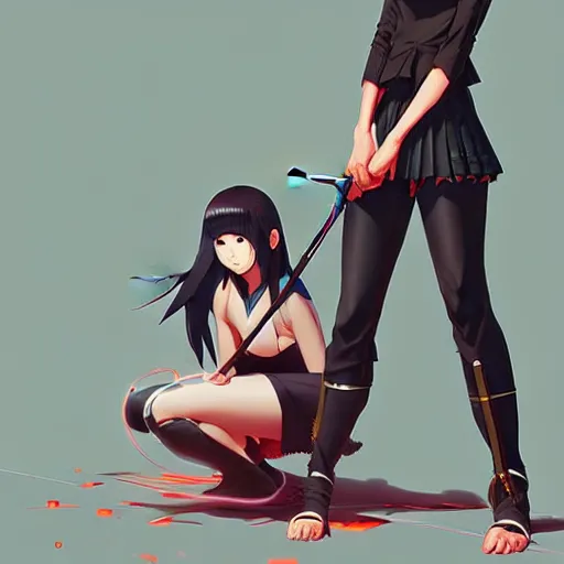 Image similar to digital anime art, a japanese woman holding a metal spiked club kneeling for an altar wlop, ilya kuvshinov, artgerm, krenz cushart, greg rutkowski