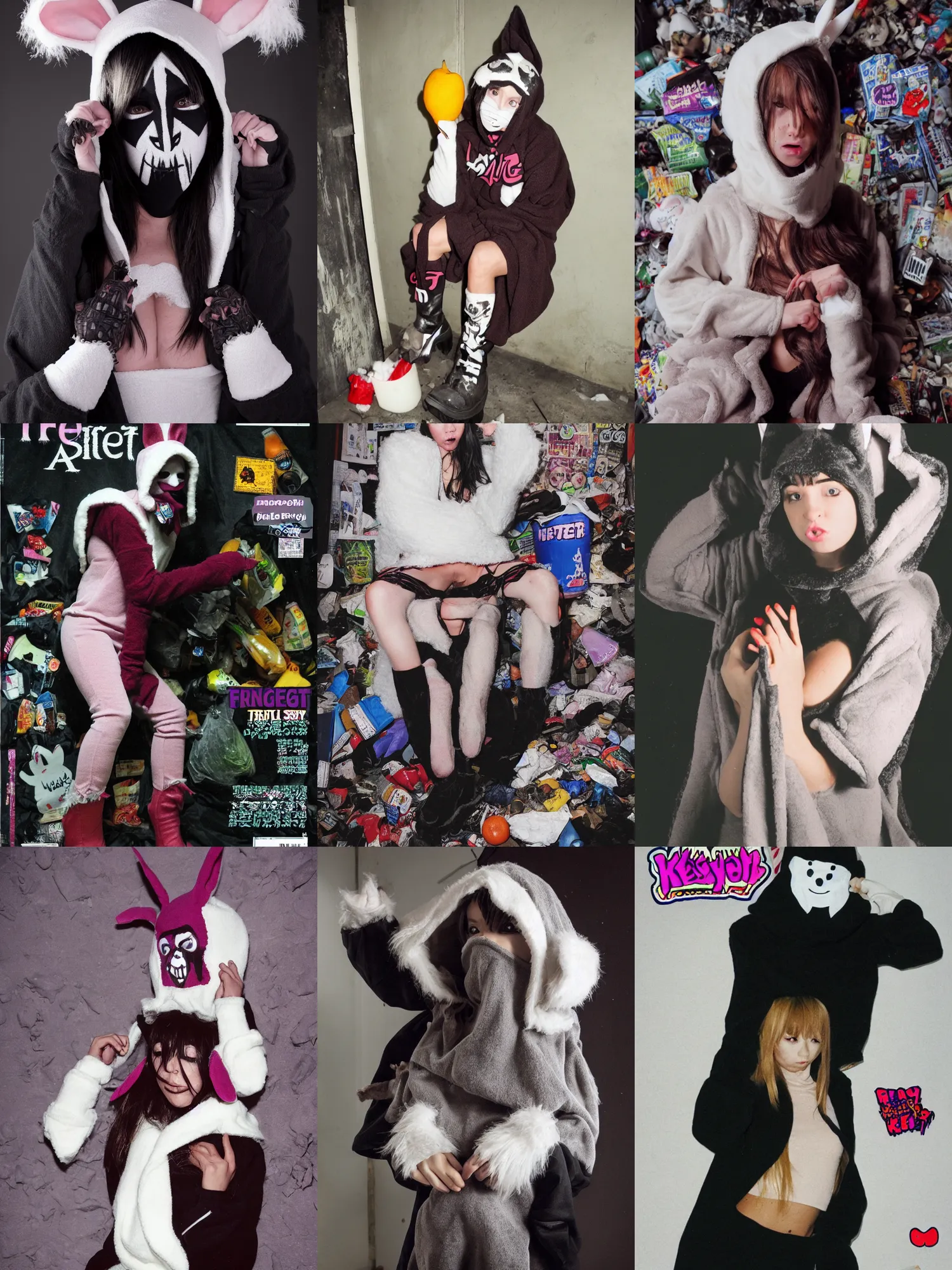 Prompt: photo of angel elf wearing a soft fleece balaclava with droopy bunny ears and wearing ripped up dirty Swear kiss monster teeth yeti platform boots in the style of Ryan Trecartin in the style of 1990's FRUiTS magazine 20471120 in japan in a dirty dark dark dark poorly lit bedroom full of trash and garbage server racks and cables everywhere in the style of Juergen Teller in the style of Shoichi Aoki, japanese street fashion, KEROUAC magazine, Walter Van Beirendonck W&LT 1990's, Vivienne Westwood, y2K aesthetic