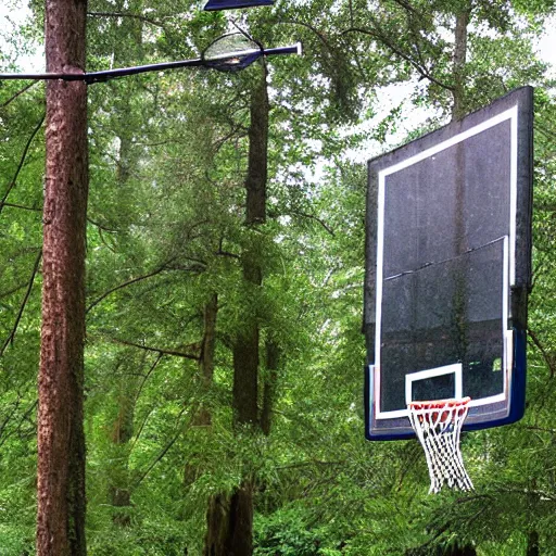 Prompt: basketball hoop in the forest, rain