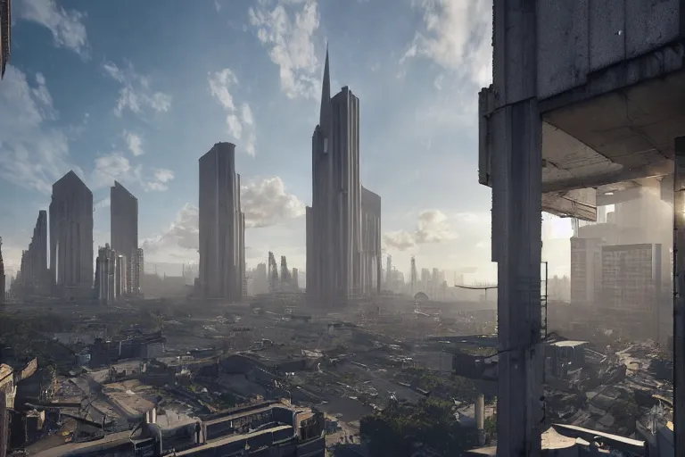 Image similar to streetscape, a towering cathedral of brutalist architecture, buildings covered with greebles, stunning volumetric light, sunset, metal, concrete and translucent material, stunning skies, majestic landscape, trending on Artstation, 8k, photorealistic, hyper detailed, unreal engine 5, IMAX quality, cinematic, epic lighting, in the style of Greg Rutkowski