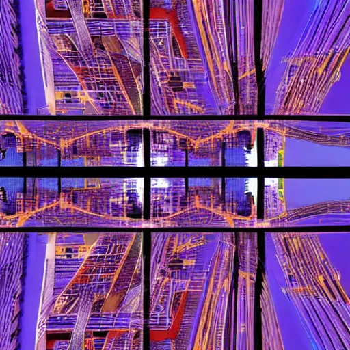 Prompt: Abstract purple images representing connected cities and buildings ,Traffic with light trails, from different perspectives interesting or unusual angles ,Perspective that looks up at buildings from below ,Evening or night cityscapes of buildings and roads from aerial or elevated view ,Evening or night cityscapes captured from human eye level ,Abstract facades of buildings ,Urban city view with unique angles