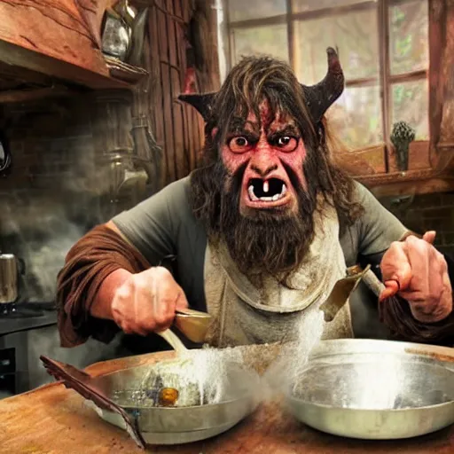 Image similar to british magical hobo breaks into some ork's kitchen and attacks them, orc kitchen, 4 k, detailed, real life photo