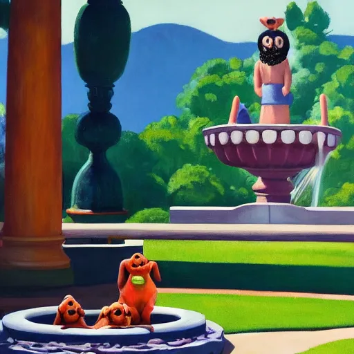 Prompt: a fine art painting of the ingame mascots from planet coaster in a water fountain with planet coaster in view in the style of edward hopper and wes anderson.