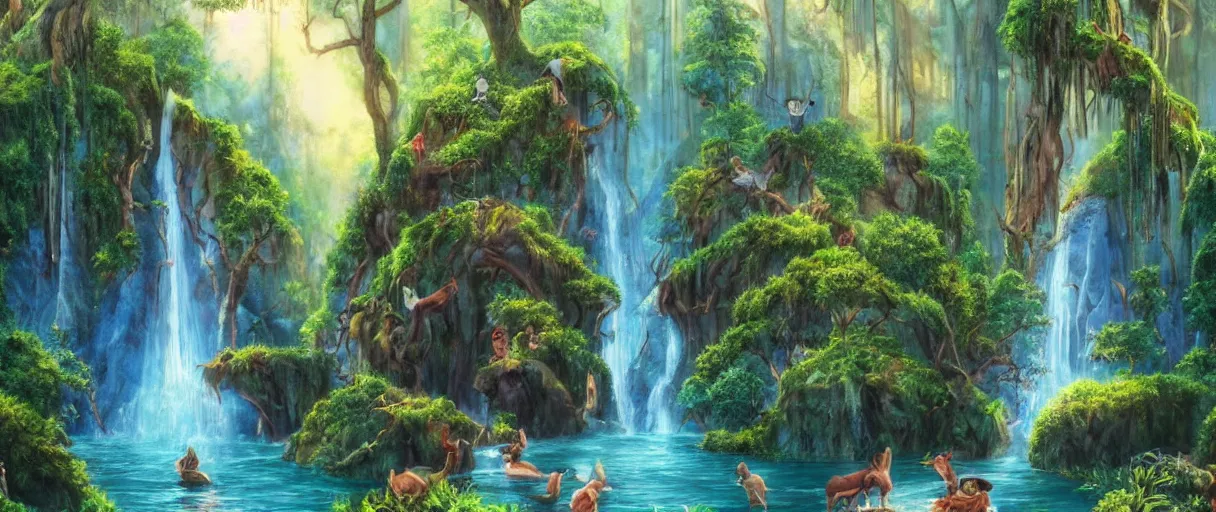 Prompt: disney movie background art of a beautiful waterfall in a forest