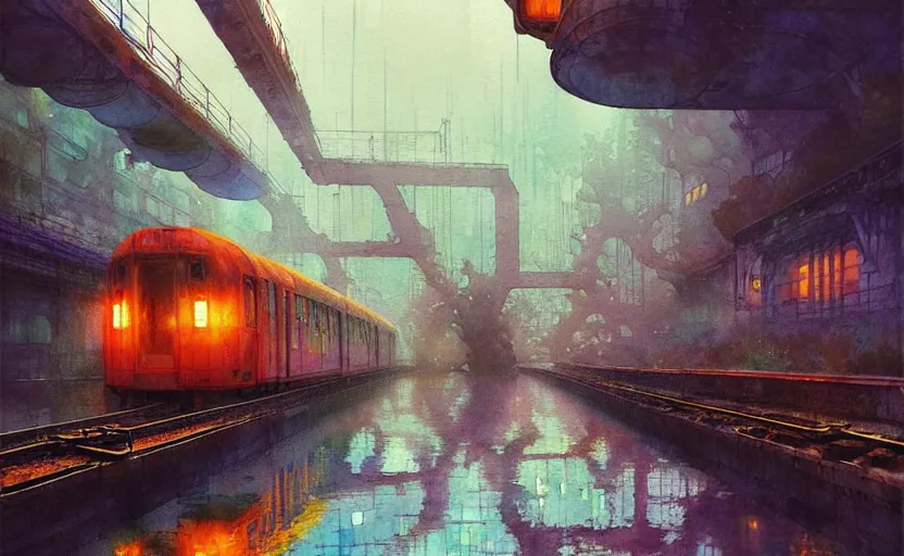 Image similar to an urban train rides inside of a waterway on a fantasy city. intricate, amazing composition, colorful watercolor, by ruan jia, by maxfield parrish, by marc simonetti, by hikari shimoda, by robert hubert, by zhang kechun, illustration, gloomy