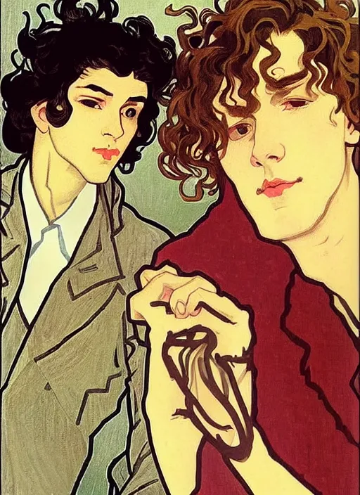 Prompt: two young men, cute handsome beautiful dark medium wavy hair man in his 2 0 s named shadow taehyung min - jun and young cute handsome dark red medium length curly hair man named maximo together at the halloween party, elegant, wearing suits!, modest!, delicate facial features, art by alphonse mucha, vincent van gogh, egon schiele