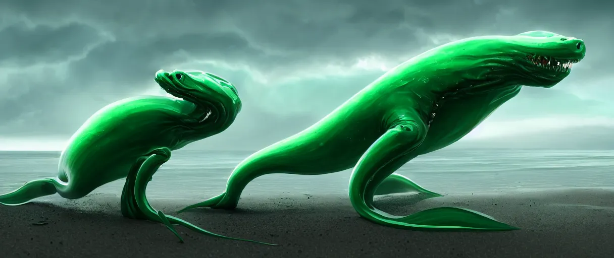 Image similar to a stunning cinematic extreme wide shot of an adorable confused slick sleek smooth green and jade humanoid sea monster wearing clothes made of seaweed on a dark stormy beach, well designed perfect with huge luminous sad eyes, sharp claws, cgsociety, hd octane render, fantasy, furry art, artstation, deviantart, furaffinity, very very clean, super smooth, thunderclouds