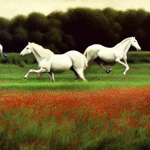 Prompt: wide angle perspective sideview shot ultrarealistic white horses running through a vast field of red poppies at twilight equine anatomy, anotomatically correct horses, sculpted musciles, long flowing manes, photorealistic heads:: styles of Richard Avedon, Rosa Bonheur, Jacques-Louis David, and John Collier :: matte painting, smooth rendering, laser sharp, insane detail, volumetric twilight, cinematic, God light shafts, Houdini render, trending on Artstation, Behance, Adobe Dimension, Zbrush, deep focus, intricate lines, epic, luxury, elite