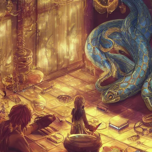 Prompt: an ethereal humanoid snake with wraith like featured, golden scales and blue accents across its design, seated in a lively tavern full of fantasy spirits and heroes, warm lights, lighthearted celebration, art by yuji ikehata and satoshi kon, background art by miyazaki, realism, proper human male proportions, fully clothed, dungeons and dragons, anime