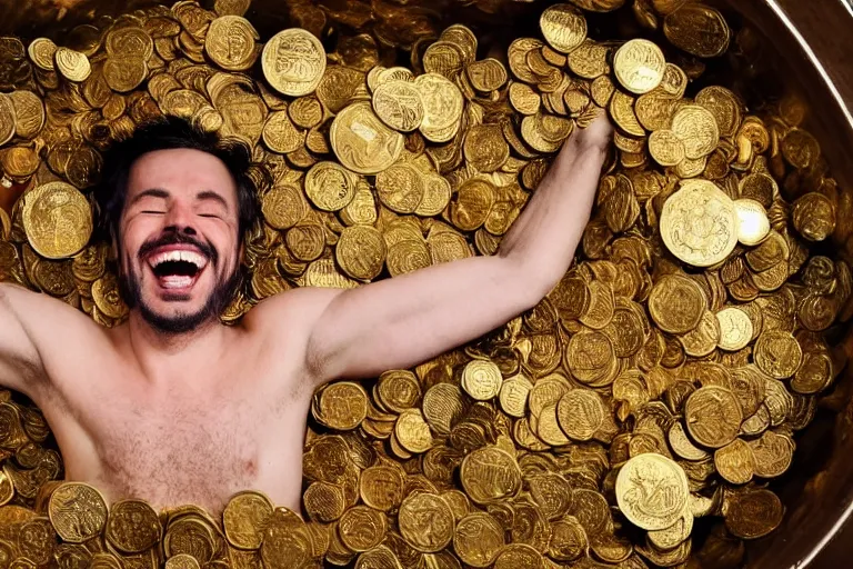 Prompt: a man laughing hysterically who is covered with gold coins and is lying in an antique clawfoot bathtub filled with gold coins