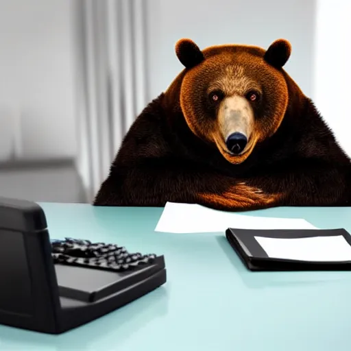 Prompt: tired bear on zoom call in office, piles of paperwork
