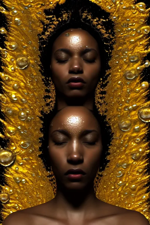 Image similar to hyperrealistic neo raphaelite cinematic very expressive! black oshun goddess, in water up to her shoulders, mirror dripping droplet!, gold flowers, highly detailed face, digital art masterpiece, smooth eric zener cam de leon chiaroscuro pearlescent teal light, tilt angle uhd 8 k, sharp focus