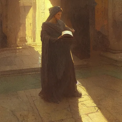 Image similar to half portait of magican wearing a closed cowl with big old book!, jeremy mann, jean leon gerome, alphonse mucha, greg rutkowski, ( ( ruins of ancient rome ) ), at dusk, mysterious atmosphere, sunrays, dof, masterpiece, high detailed, 8 k