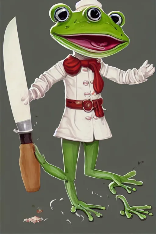 Image similar to cute anthropomorphic frog wearing a white butcher coat with a white butcher hat and holding a cleaver, cutting a wipe red watermelon, tiny, small, miniature frog, baby animal, short, pale blue armor, cute and adorable, pretty, beautiful, DnD character art portrait, matte fantasy painting, cgsociety Artstation, by Jason Felix by Steve Argyle by Tyler Jacobson by Peter Mohrbacher, cinematic lighting