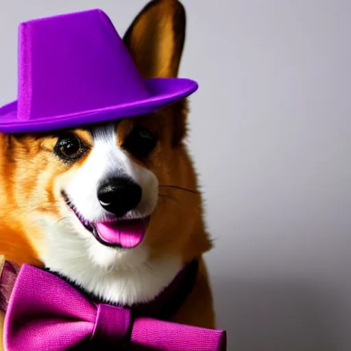 Image similar to a corgi wearing a purple party hat and a red bowtie