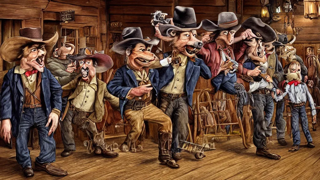 Image similar to photorealistic full - color storybook illustration of : during a hoedown at a saloon in the old west, an angry anthropomorphic raccoon dressed as a cowboy is having a duel with “ daniel day - lewis ” and they are holding revolvers. frightened “ nancy reagan ” is watching them. color professional hyper - realistic drawing.