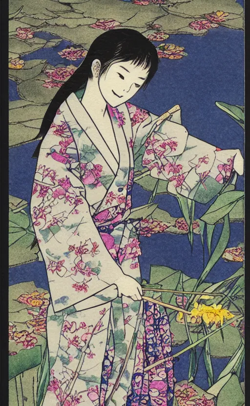 Prompt: by akio watanabe, manga art, a girl playing on wooden lake bridge and iris flowers, trading card front, kimono, realistic anatomy