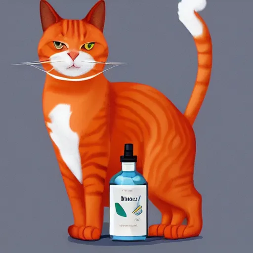 Prompt: a cat standing next to a bottle of medicine. orange cat. animal. digital art. artstation.