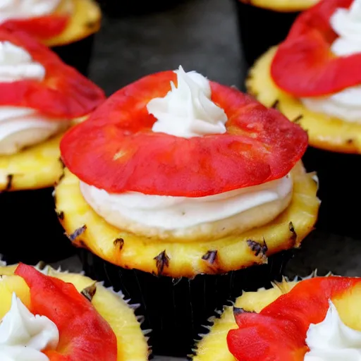 Prompt: pineapple pizza cupcake, food photography