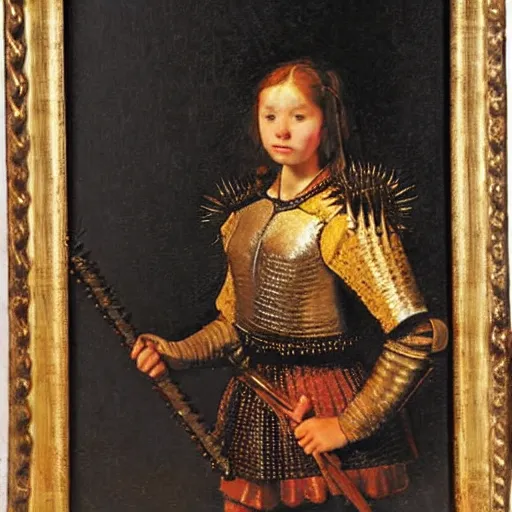 Prompt: teen knight in armor with spikes. She has braid. She has round glasses. Oil painting by rembrandt