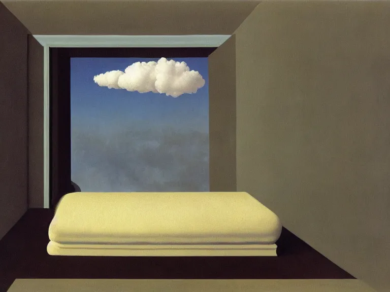 Prompt: cloud filled room, painting by rene magritte, centered, high detail, high resolution