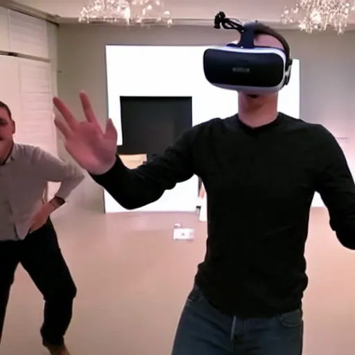 Prompt: Mark Zuckerberg dancing with vr headset on