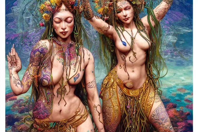 Prompt: a centered full body render of goddess festival hippies with tribal tattoos surrounded by a underwater ink pour and flowing liquid galium and sacred geometry, perfect face, powerful, cinematic, beautifully lit, by artgerm, by karol bak, by donato giancola, 3 d, trending on artstation, octane render, 8 k