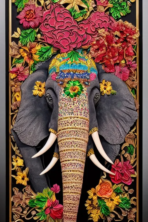 Image similar to Painted dark-wood panel relief carving of a Flowerpunk Matriarch Elephant, ornate border frame, explosion of colorful flowers, dark wood, intricately carved, black ink, festival of rich colors, intricate details, cinematic lighting, volumetric lighting, post-processing, by andreas rocha and john howe, and Martin Johnson Heade, featured on artstation, featured on behance, golden ratio, hyper detailed, photorealistic, epic composition, center spotlight, f32, well composed, UE5, 8k