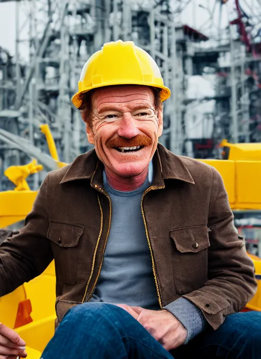 Image similar to closeup portrait of cheerful bryan cranston controlling a crane, sitting in a crane, yellow hardhat, sitting in a crane, natural light, bloom, detailed face, magazine, press, photo, steve mccurry, david lazar, canon, nikon, focus