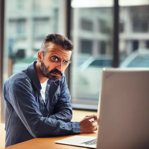 Prompt: annoyed man waiting for a friend in front of a computer