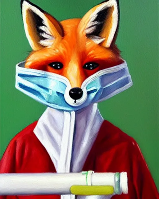 Prompt: oil painting portrait of anthropomorphic female fox animal dressed in labcoat, surgical mask covering mouth, holding syringe, fox animal, hospital in background, oil painting,