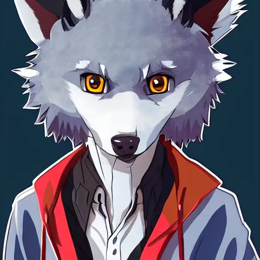 Image similar to key anime visual portrait of an anthropomorphic anthro wolf fursona, in a jacket, with handsome eyes, official modern anime art