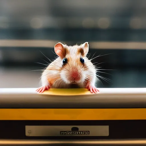 Image similar to detailed photo of a hamster sitting in a train, various poses, wide shot, unedited, daylight, dof, sharp focus, 8 k