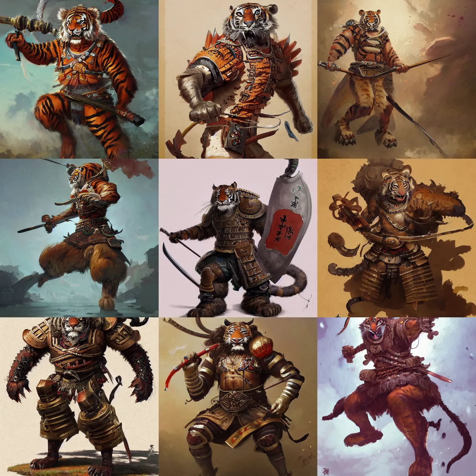 Prompt: a detailed full-body photo of anthropomorph tiger wearing heavy samurai armor, ultra detailed, by Greg Rutkowski and Peter Mohrbacher and Tony Sart