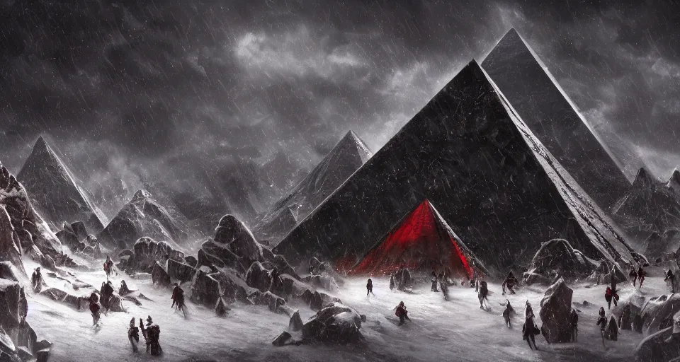 Prompt: black lovecraftian eldritch!! obsidian pyramid!! on a snowy mountain, surrounded by thousands of cultists, snowy, windy, by eugene von guerard, ivan shishkin, night, red lightning!!, storm!, dramatic lighting, concept art, trending on artstation, 8 k