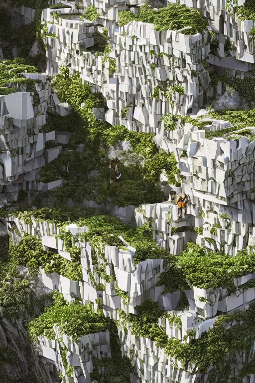 Prompt: 2 d autocad elevation illustration of an awesome sunny day environment concept art on a cliff, nature meets architecture by kengo kuma, ian hubert and wes anderson with village, residential area, mixed development, highrise made up staircases, balconies, full of glass facades, cgsociety, fantastic realism, artstation hq