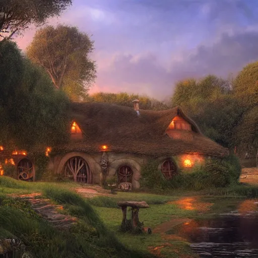 Image similar to Hobbiton by the river at the countryside in the evening, highly detailed matte painting, Alan Lee, Artstation,