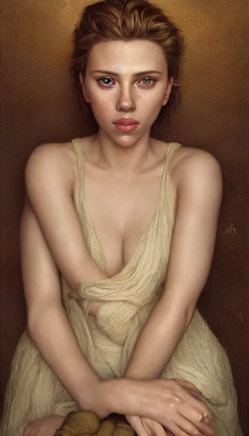 Image similar to epic masterpiece portrait of scarlett johansson, sweaty skin, hyperrealistic, octane render, cinematic, beautiful face and flawless skin, perfect hands, 5 fingers, bronze by Edgar Maxence and Ross Tran and Michael Whelan