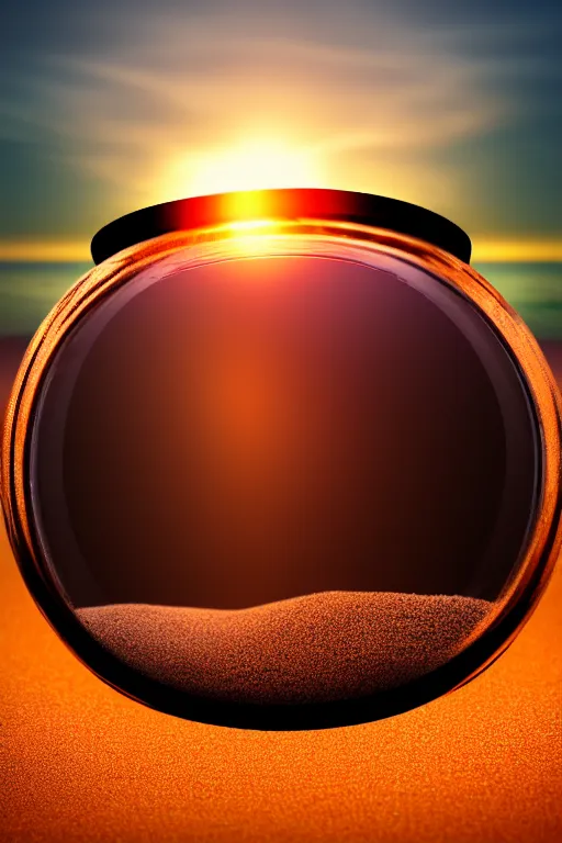Prompt: photograph of a black hole inside a glass jar, buried in sand on a beach. quiet sunset in the background. soft golden red lighting. hyperrealistic, cgsociety, 8 k
