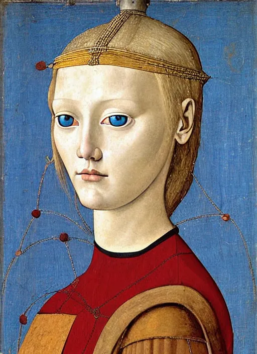 Prompt: portrait of young woman in medieval dress and medieval headdress, blue eyes and blond hair, style by piero della francesca