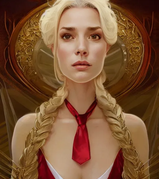 Image similar to elle brooke wearing a golden dress, grey hair, red necktie, cinematic, stunning, highly detailed, digital painting, artstation, smooth, hard focus, full body shot, illustration, art by artgerm and greg rutkowski and alphonse mucha