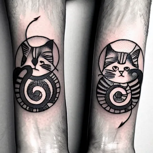 Image similar to two cats holding each other's tail, circle design, tattoo design, inking on skin, designed by victo n'gai