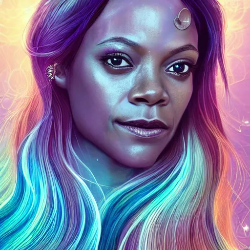 Image similar to zoe saldana portrait, fantasy, mermaid, hyperrealistic, game character, underwater, highly detailed, sharp focus, cinematic lighting, pearls, glowing hair, shells, gills, crown, water, highlights, starfish, jewelry, realistic, digital art, pastel, magic, fiction, ocean, king, colorful hair, sparkly eyes, fish, heroic, goddess, waves, bubbles, queen