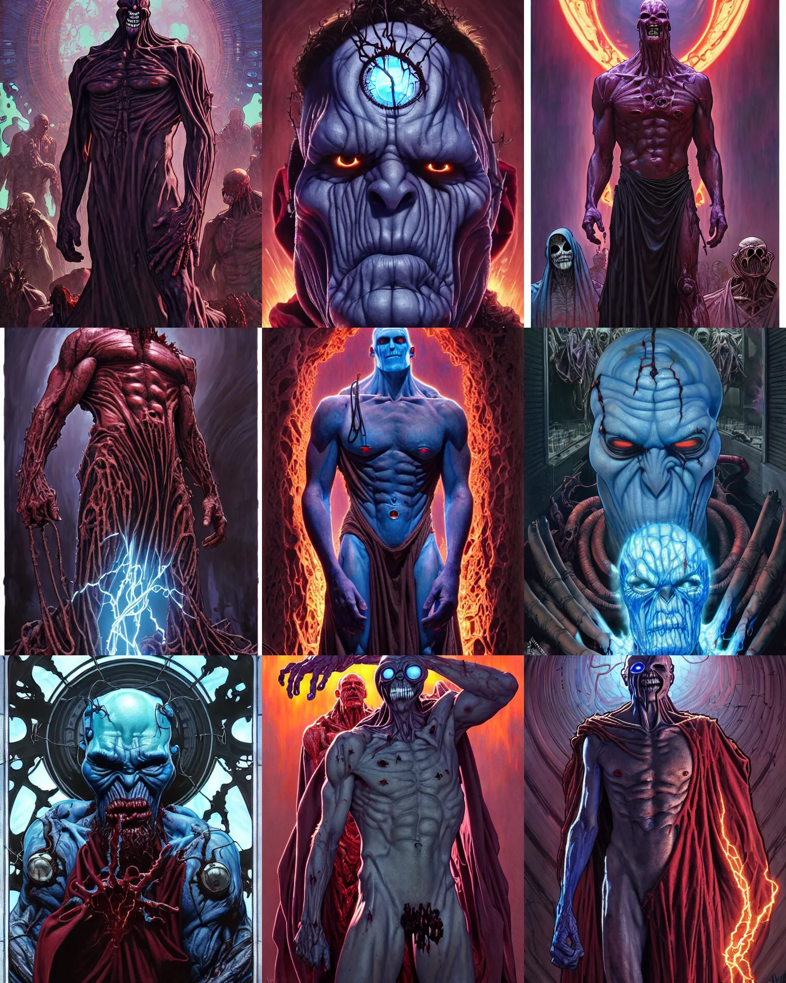Prompt: the platonic ideal apocalypse now of cletus kasady ultimate carnage thanos dementor doctor manhattan chtulu nazgul, detailed, intricate, hyperrealism, intense, scary, decay, dmt, art by brock hofer and artgerm and greg rutkowski and alphonse mucha