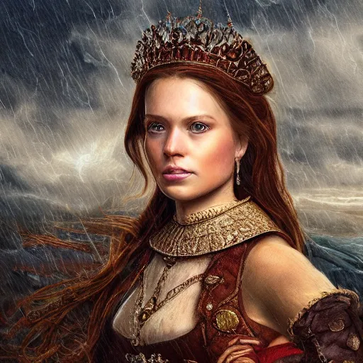 Prompt: portrait of an princess, painting by michael wellen, john stephens, in a medieval city, tone mapping, stormy weather, tempest, trending on artstation